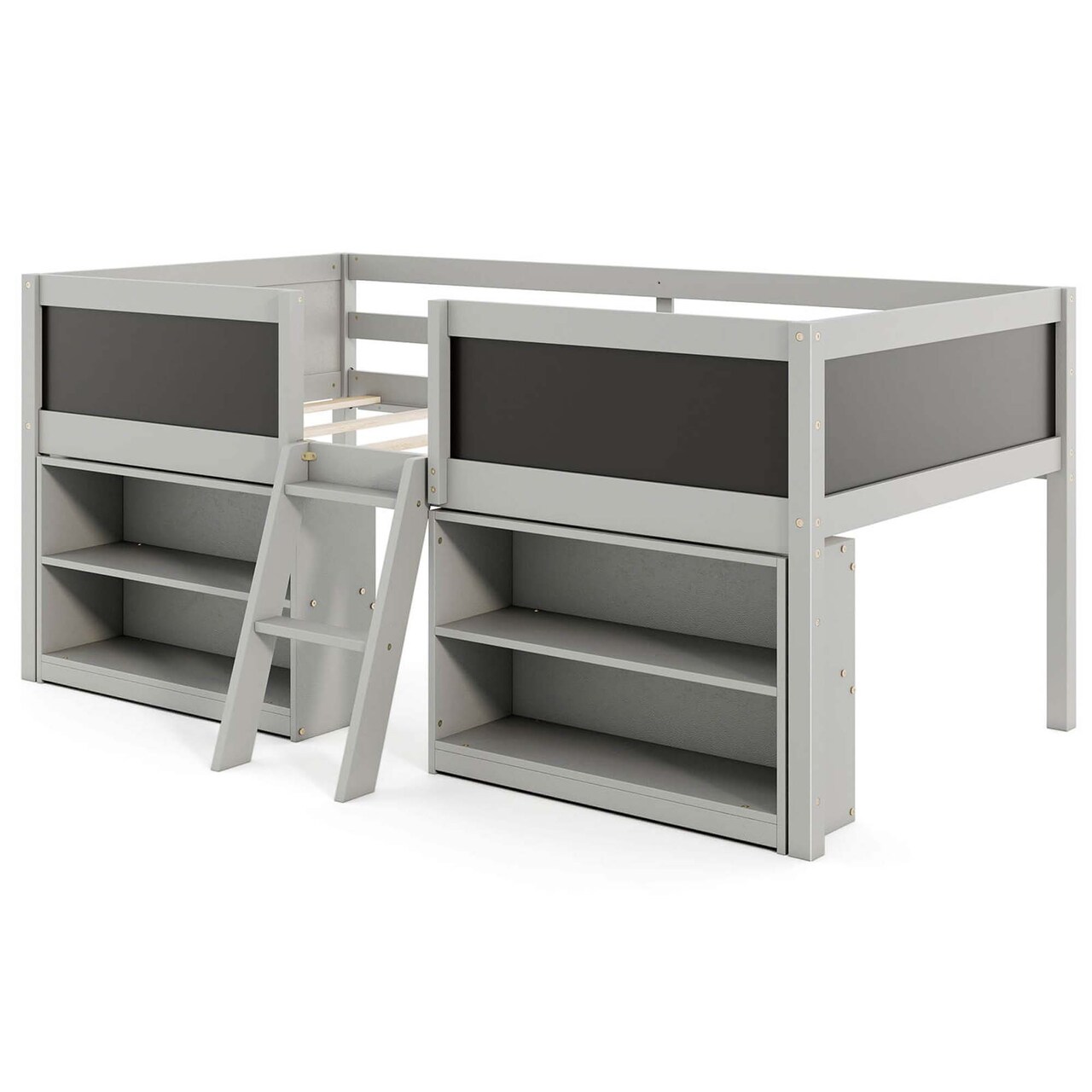 Costway Twin Size Low Loft Bed with Ramp Ladder & Bookcases Full-length Safety Guardrail White/Gray